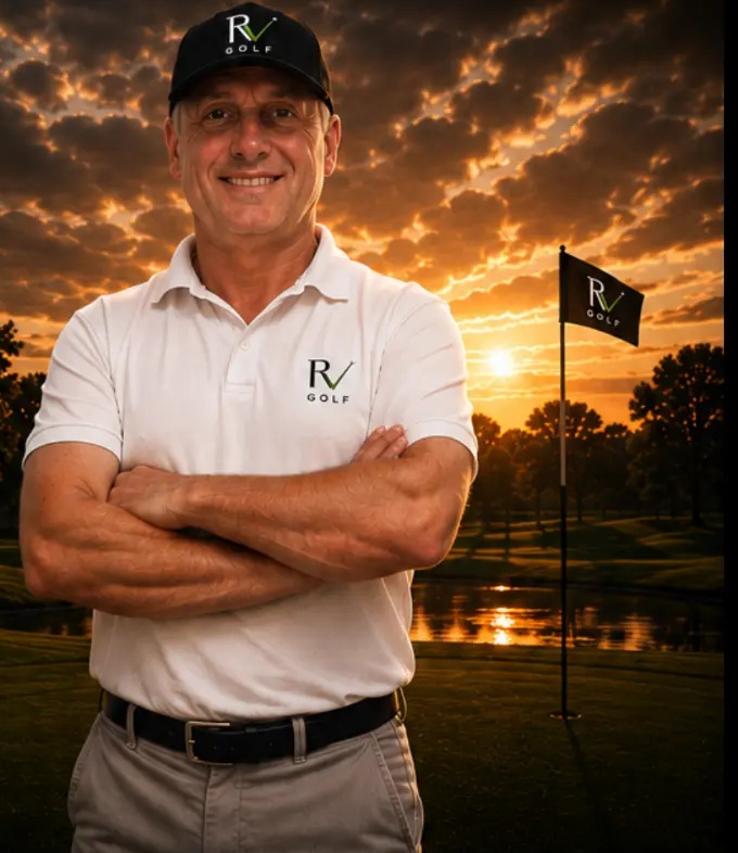 Riccardo Valeri, maestro professionista di golf, su un campo da golf al tramonto