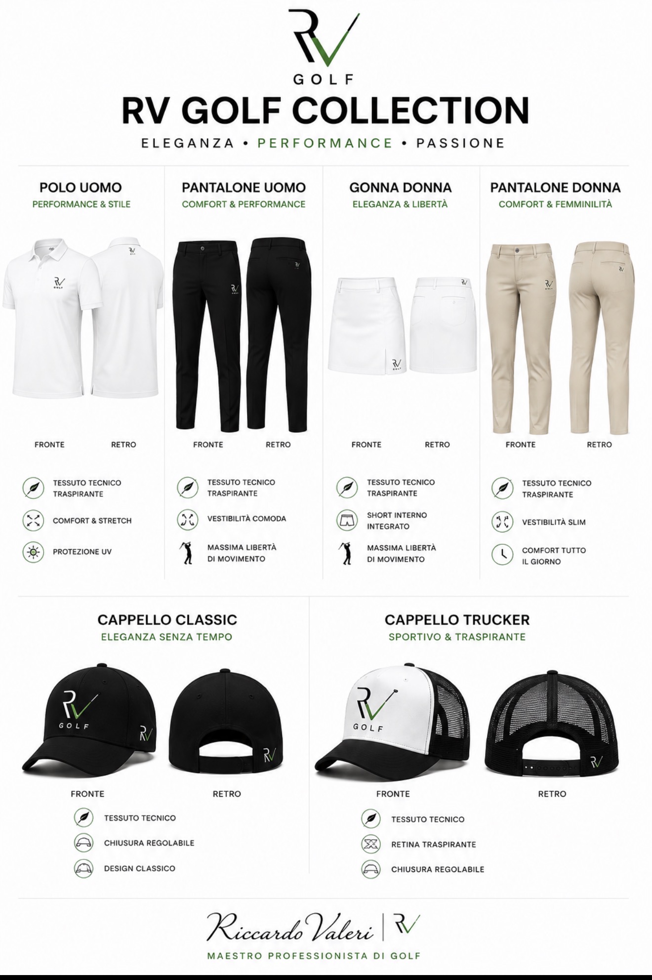 Catalogo ufficiale RV Golf Collection: polo uomo, pantaloni, gonna donna, cappello classic e trucker, fronte e retro