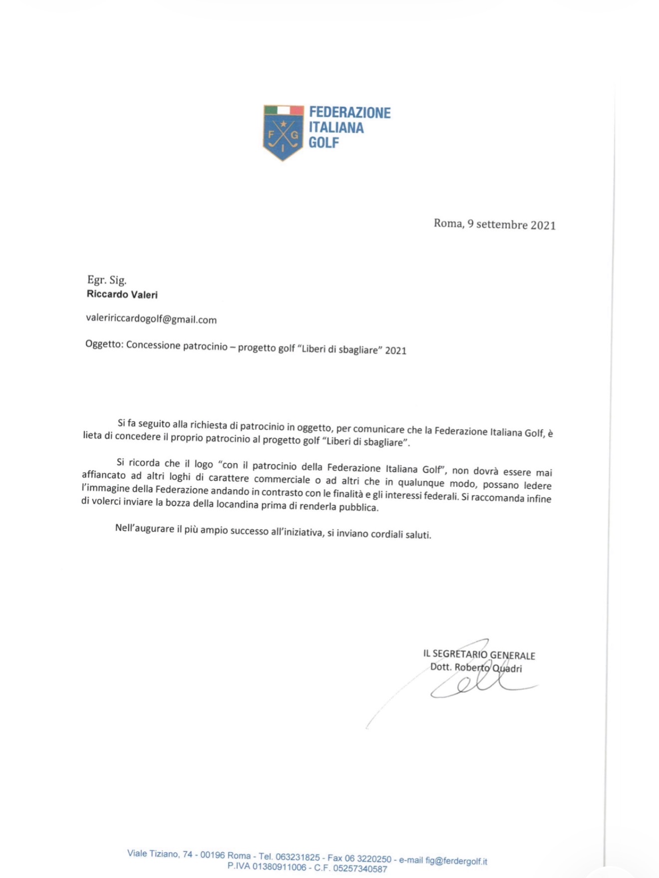 Lettera di patrocinio della Federazione Italiana Golf per il progetto Felici di Sbagliare